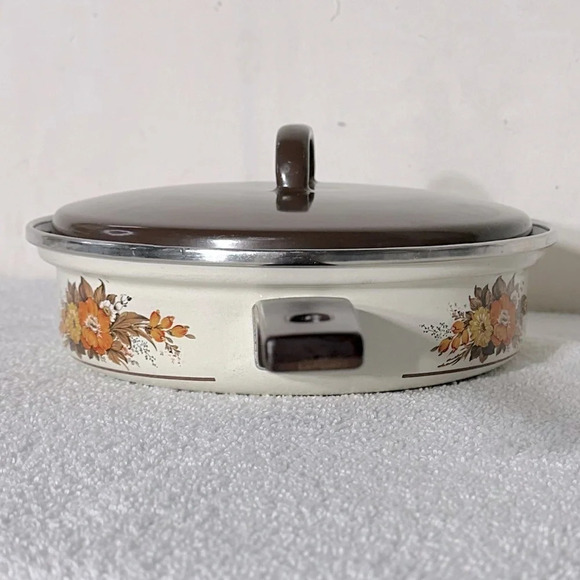 Vintage Enamelware Autumn Flowers Skillet Frying Pan  With Lid - Picture 2 of 15